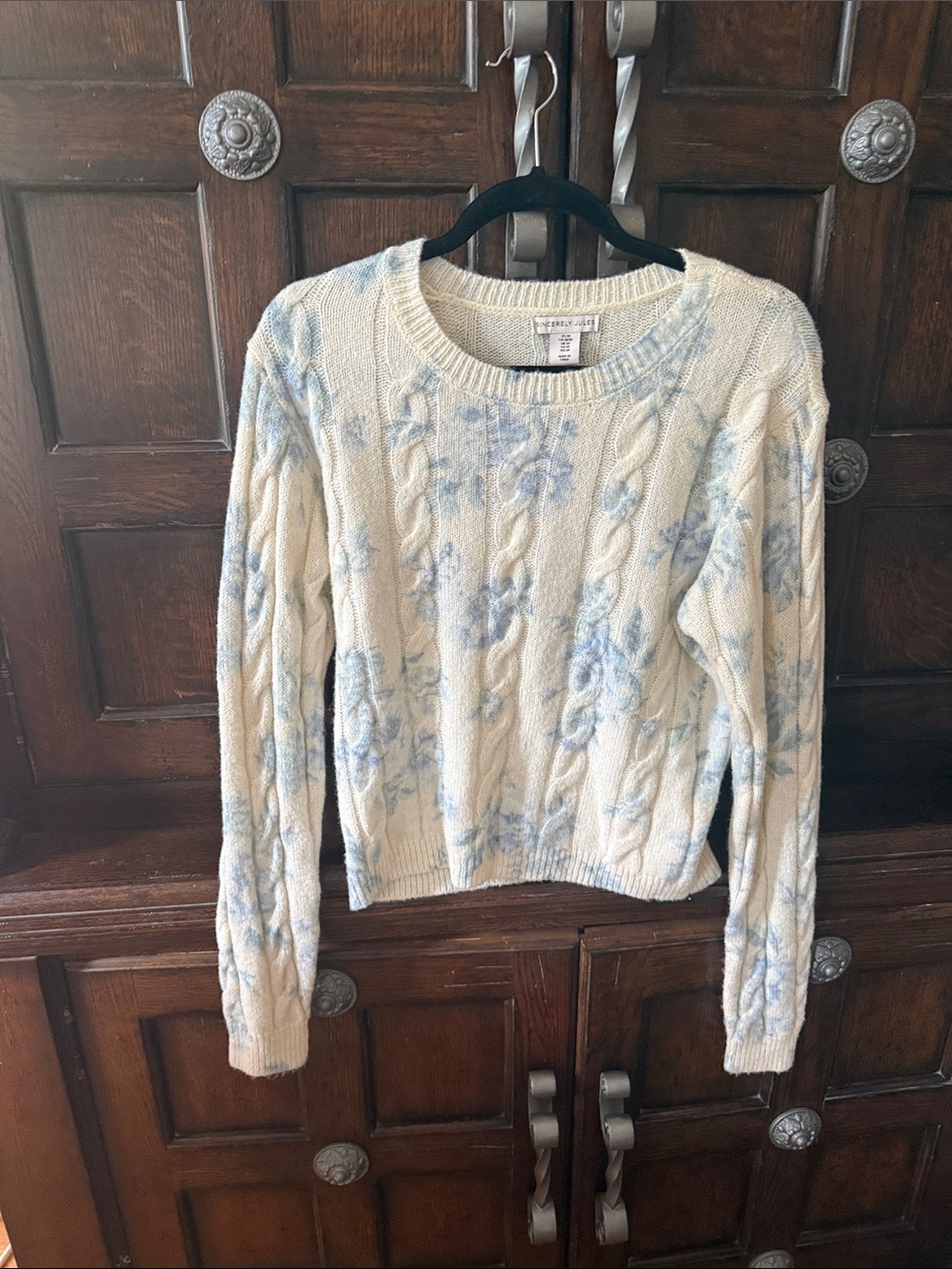 Sincerely Jules Cream Cable-Knit Crewneck Sweater with Light Blue Floral